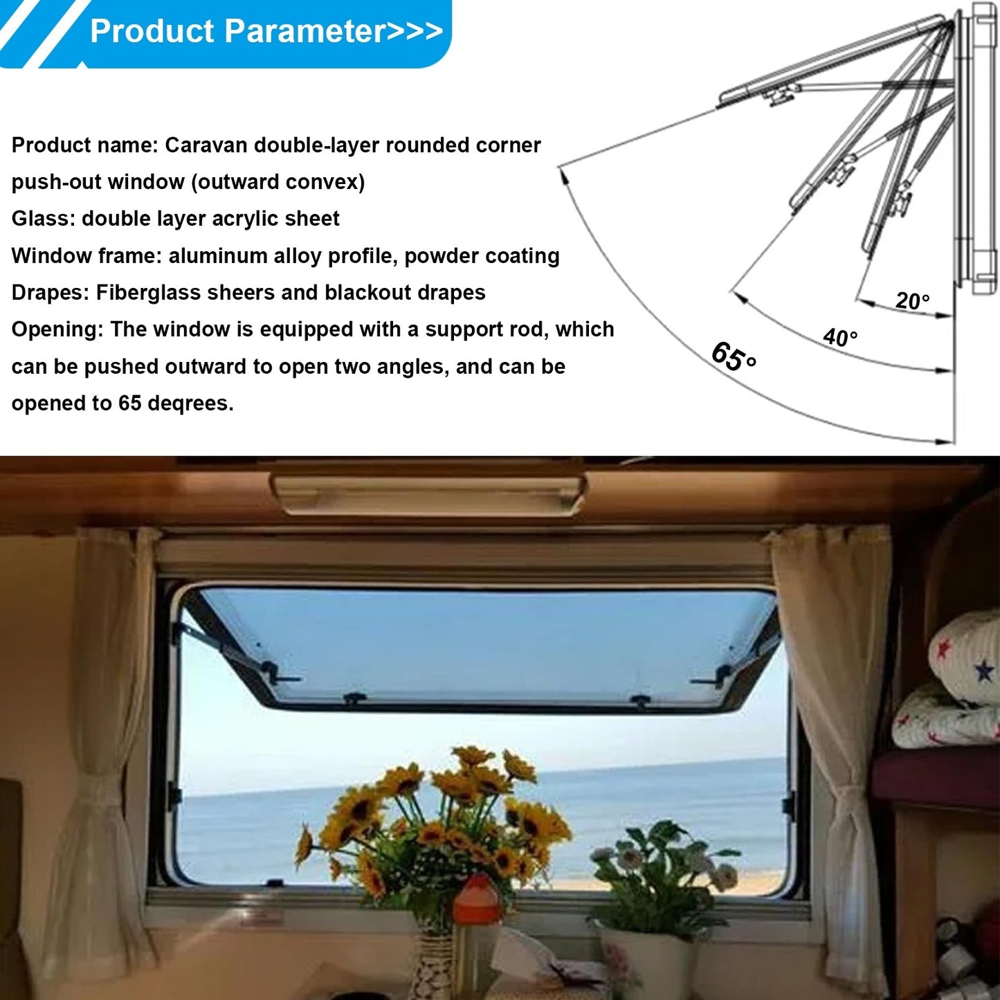 Camping Car Skylight Fitted Van Equipment Adjustable Angle Caravan Window Motorhome Window for Mobile Home Caravan Van and House